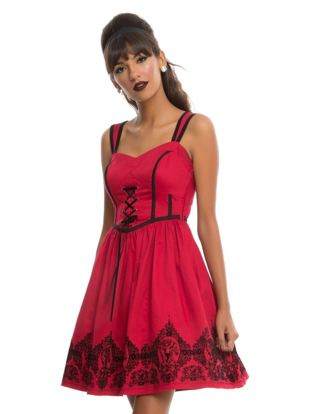 Hot Topic Red & Black Velvet Skeleton Cameo Print Border Dress, Size 16 GUC
